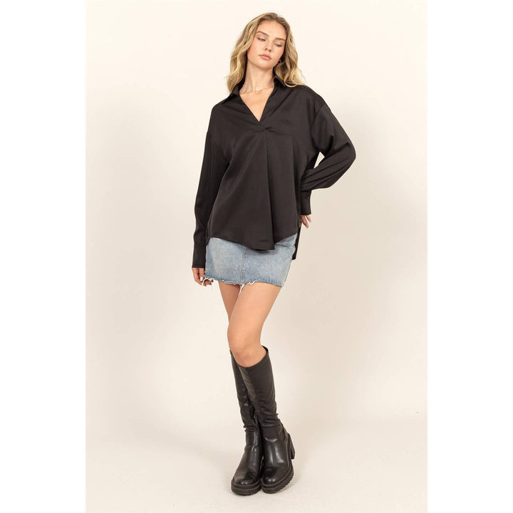 Collared V-Neck Satin Blouse